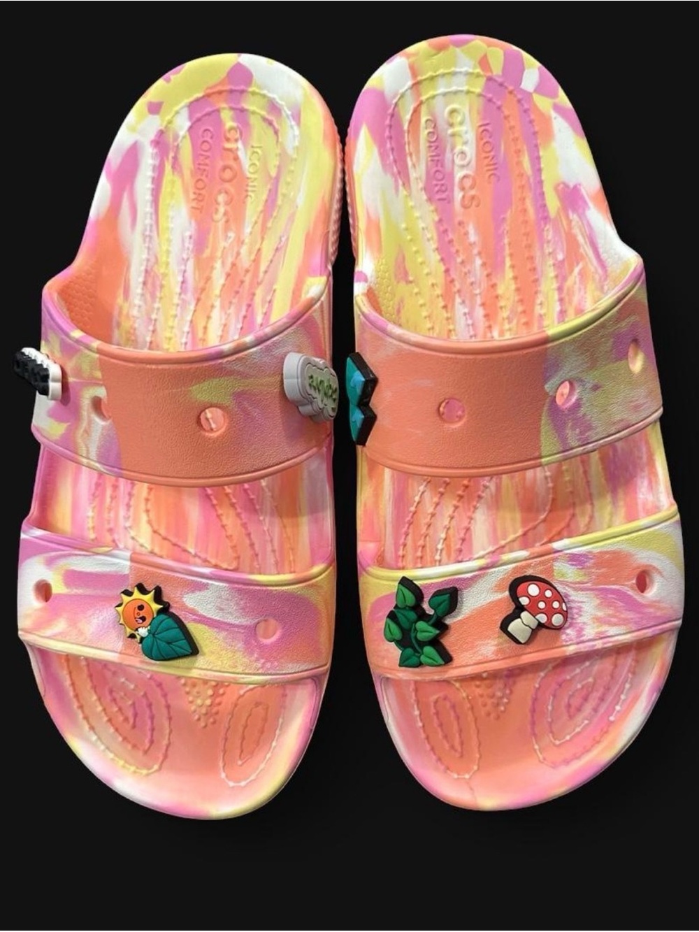 CROCS Tie-Dye Pink Orange Yellow Double-Strap Slide Sandals with Charms